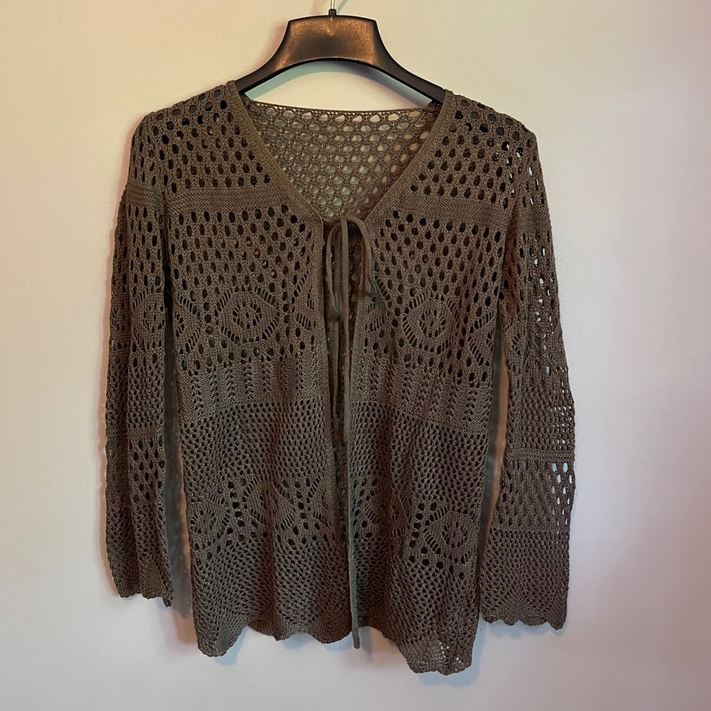 Brown Crochet Knit Tie Front Cardigan Boho Bell Sleeve Medium Festival Fisherman